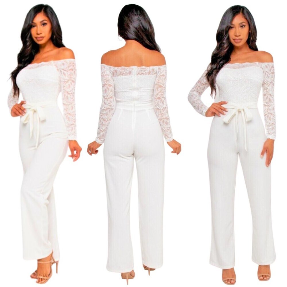 White Cold Shoulder Jumpsuit with Long Sleeves and Tie Belt SMALL - Picture 2 of 5